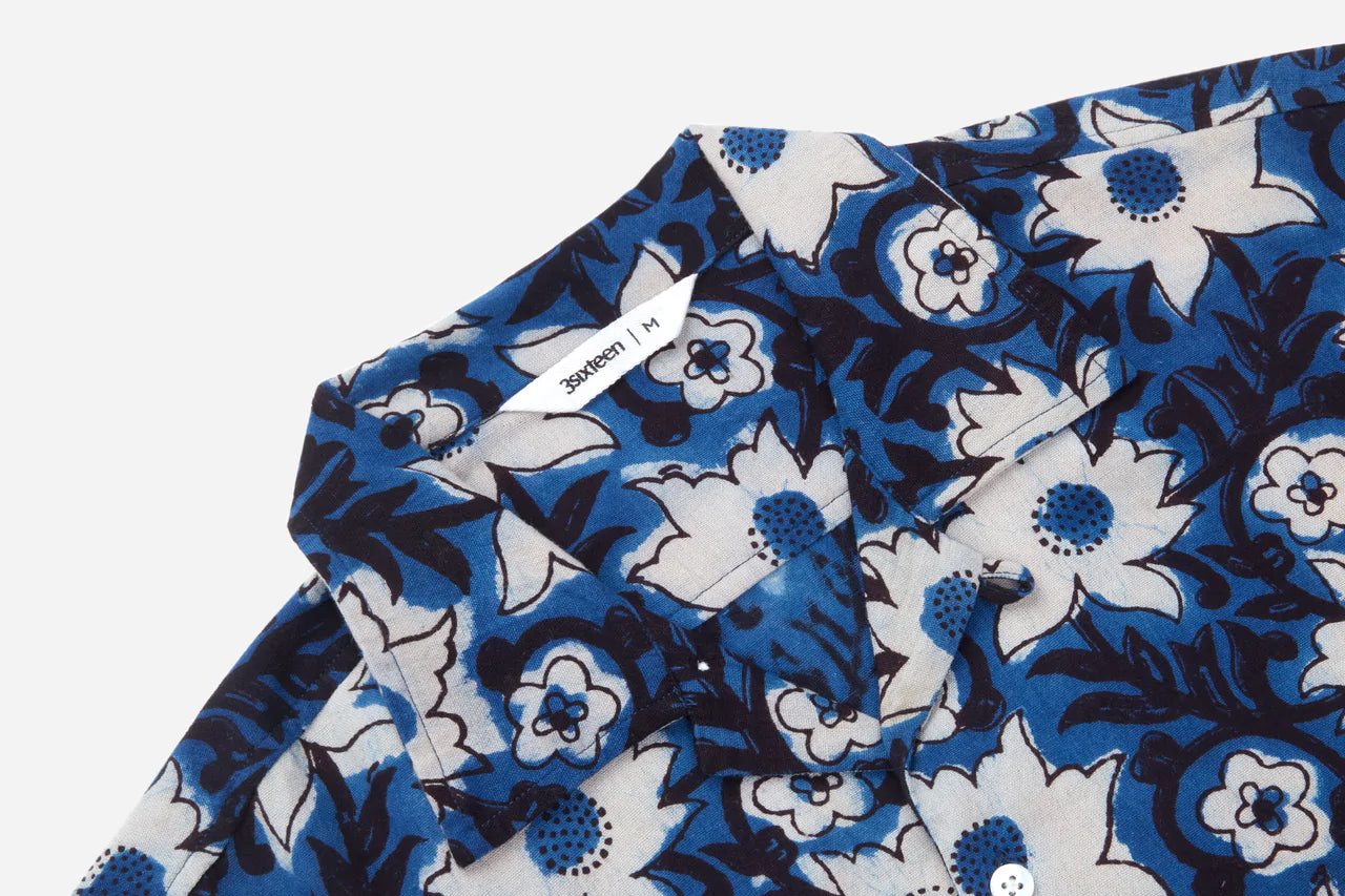 Loop Collar Shirt ~ Indigo Floral Handblock